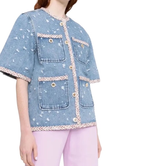 Sandro Distressed Short-Sleeve Denim Jacket - Picture 2 of 15